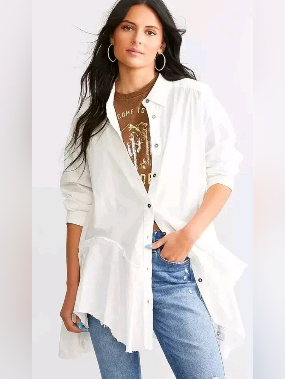 Free People We The Free Freya Boho Poplin Button Down Tunic Top  White *Flaw*